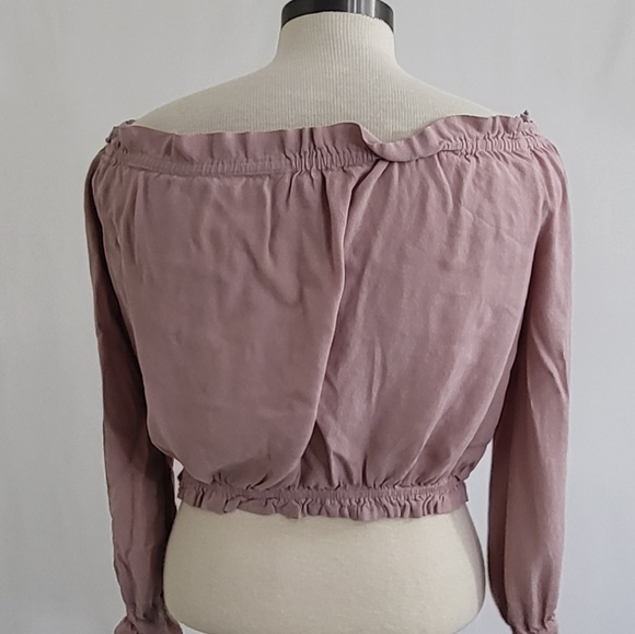 Forever 21 Gingham Off The Shoulder Crop Top Ling Sleeve Pink Size XL - Picture 2 of 8